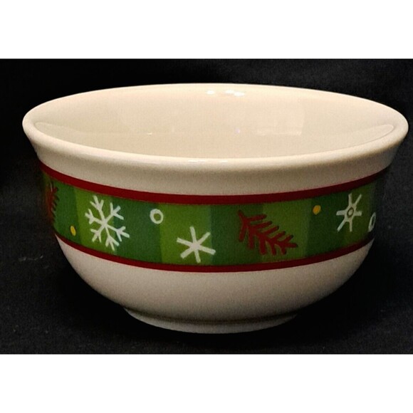 Longaberger Seasonal Christmas Dessert Bowl Ivory Green Red Snowflakes - Picture 1 of 6